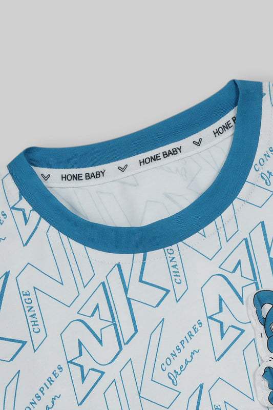 WHITE SLEEVE GRAPHIC TEE WITH COTTON SHORTS