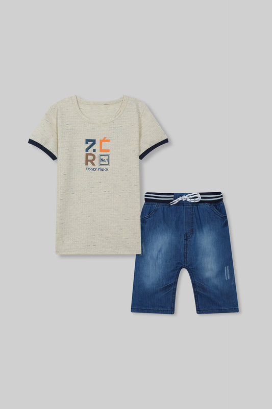 GREY TEE WITH JEANS SHORTS