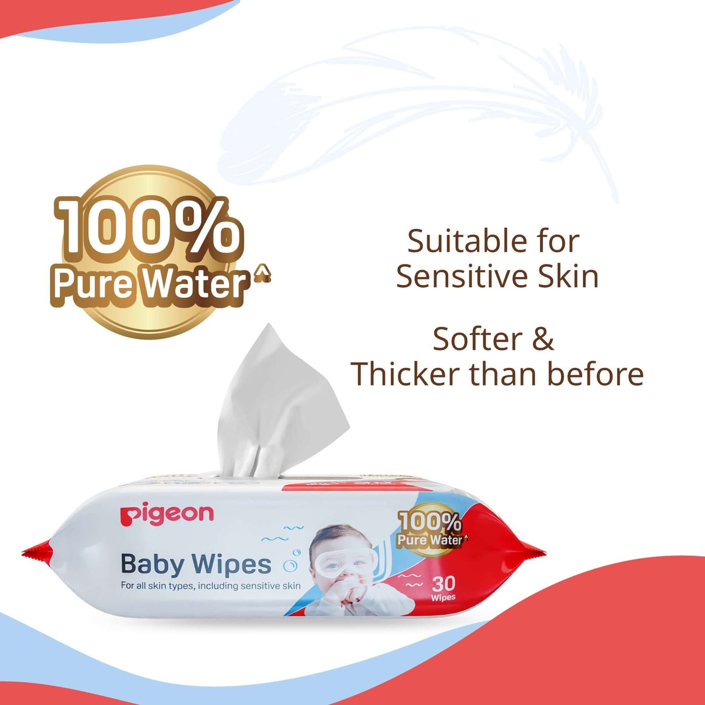 Pigeon 100% Pure Water Softer & Thicker Baby Wipes 30s