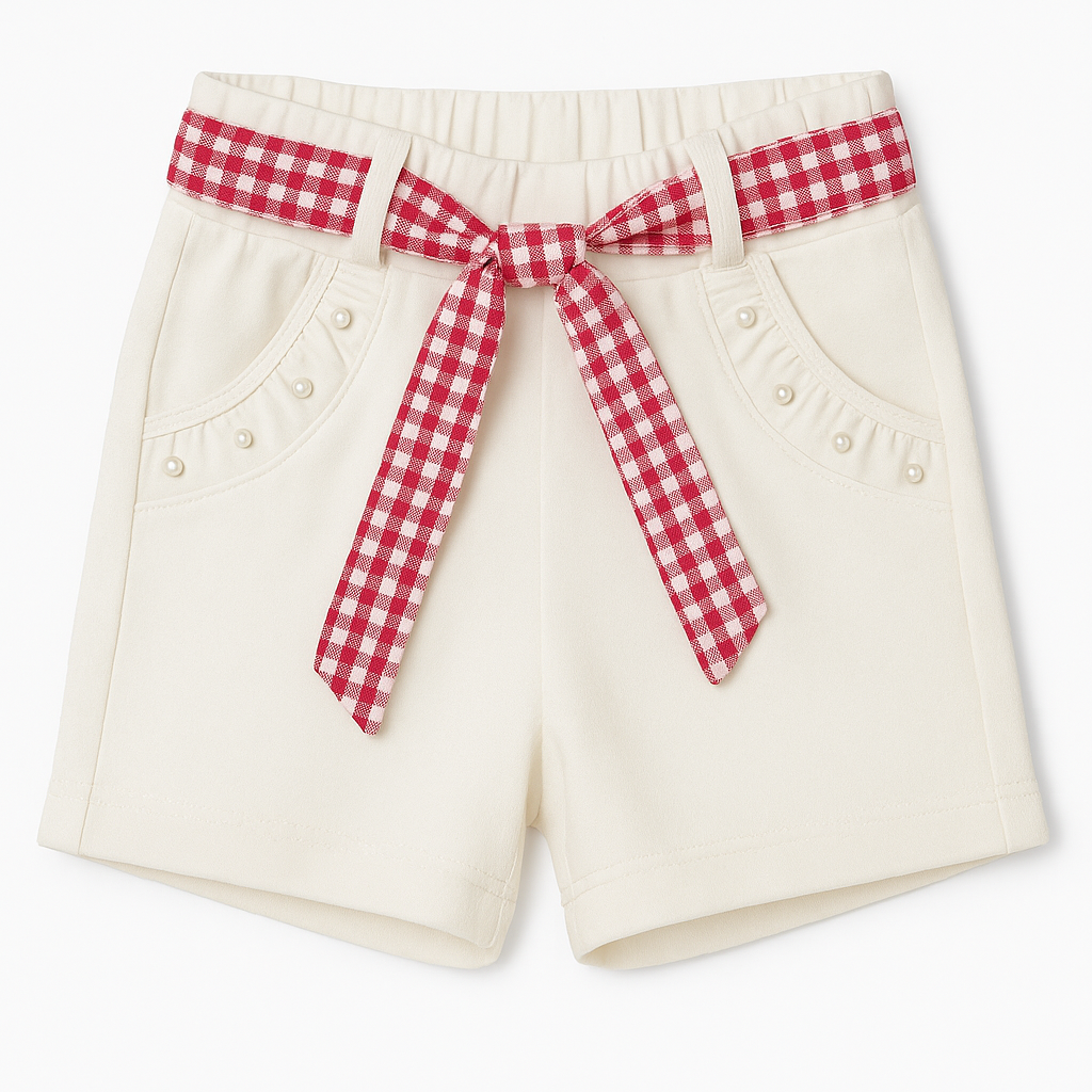 Red & White Checkered Top with Cream Shorts