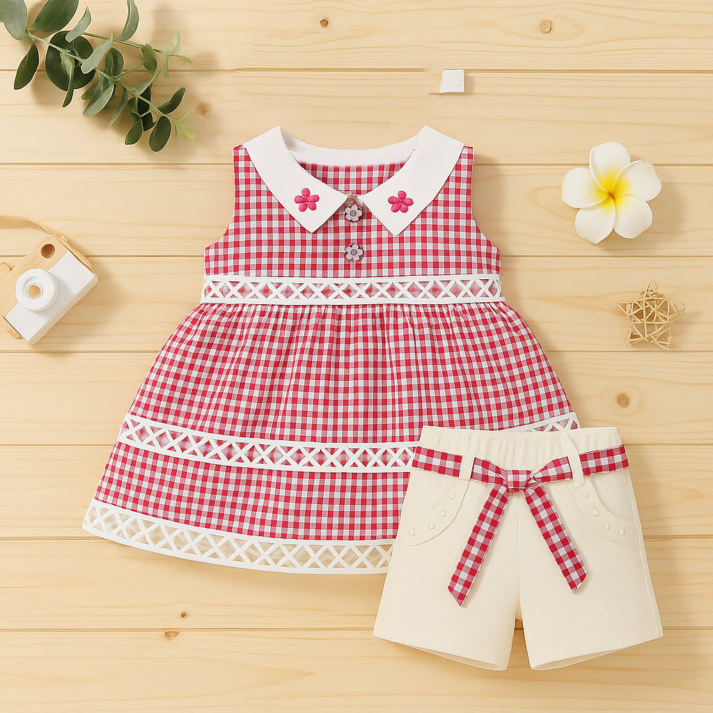 Red & White Checkered Top with Cream Shorts