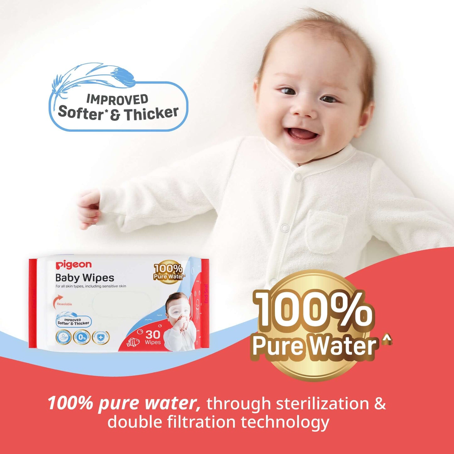 Pigeon 100% Pure Water Softer & Thicker Baby Wipes 30s