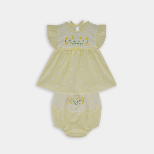 Cotton Polka Dots Frock and Nicker Set (Off White)
