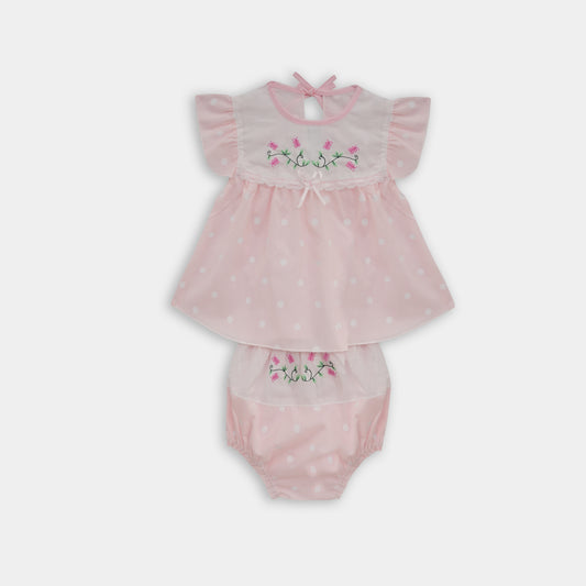 Cotton Polka Dots Frock and Nicker Set (Pink)