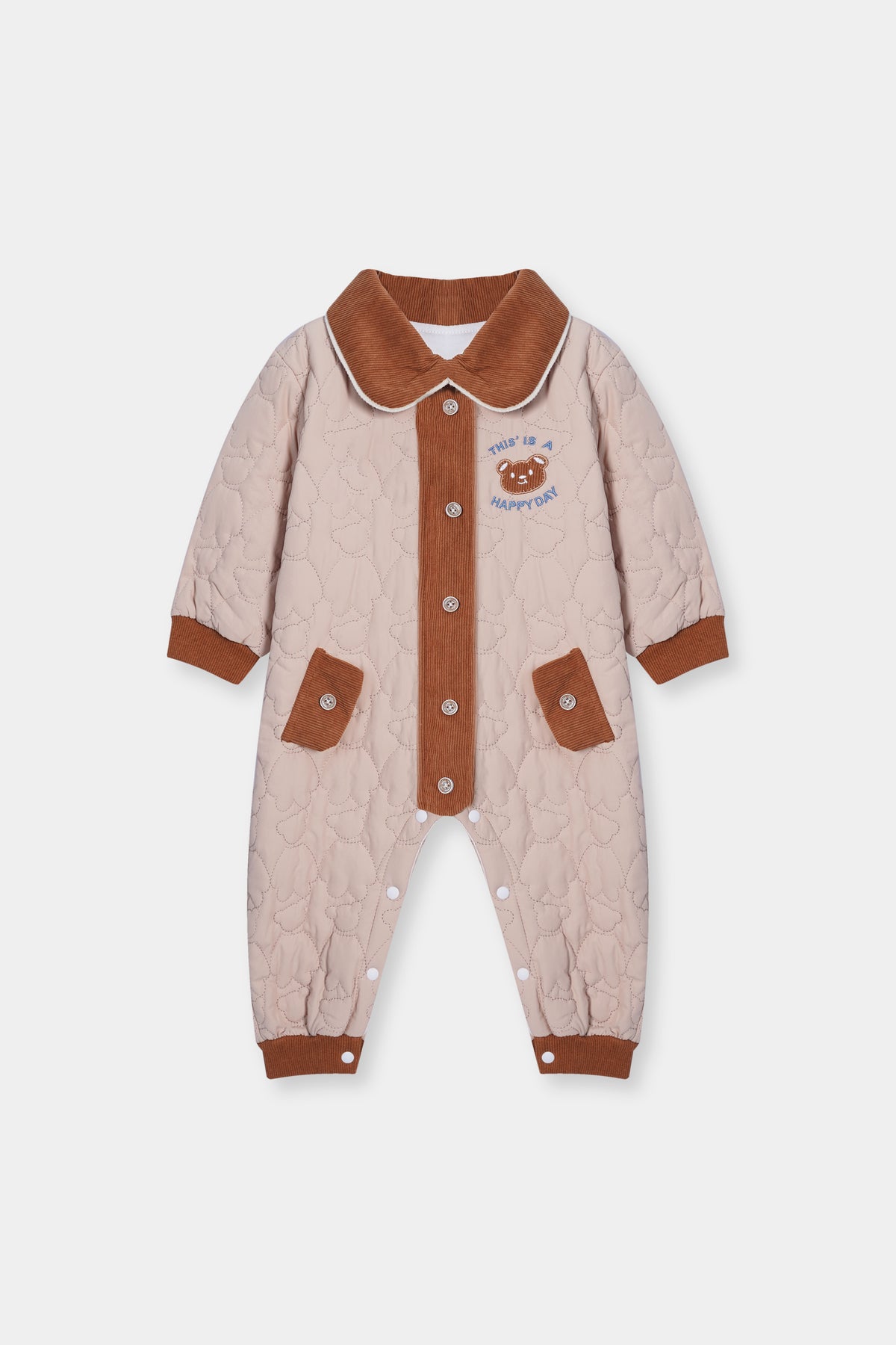 Puffer Jacket (Romper) with Corduroy Collar and Hem Dirty White & Brown