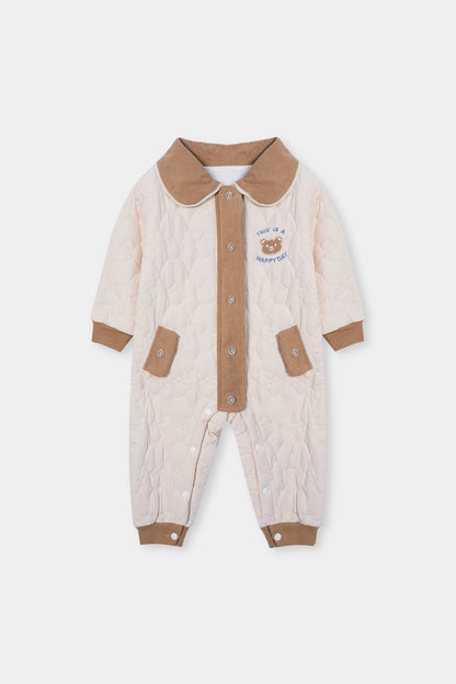 Puffer Jacket (Romper) with Corduroy Collar and Hem Color Beige and Brown