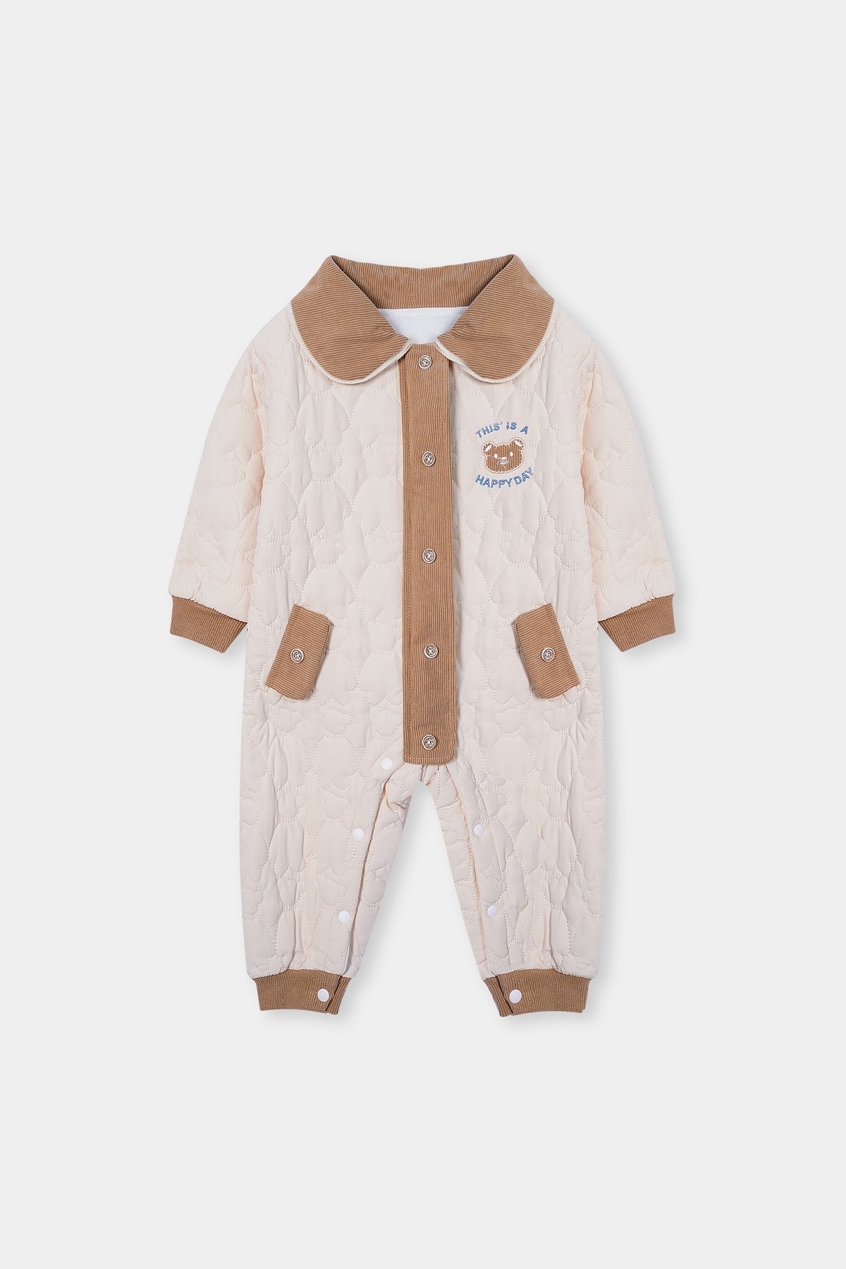 Puffer Jacket (Romper) with Corduroy Collar and Hem Color Beige and Brown