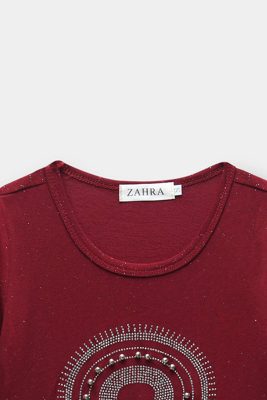 Girls Imported Cotton Graphics Printed Burgundy Top