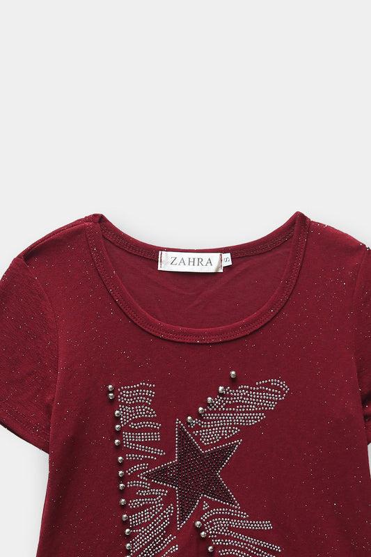 Girls Imported Cotton Graphics Printed Burgundy Top