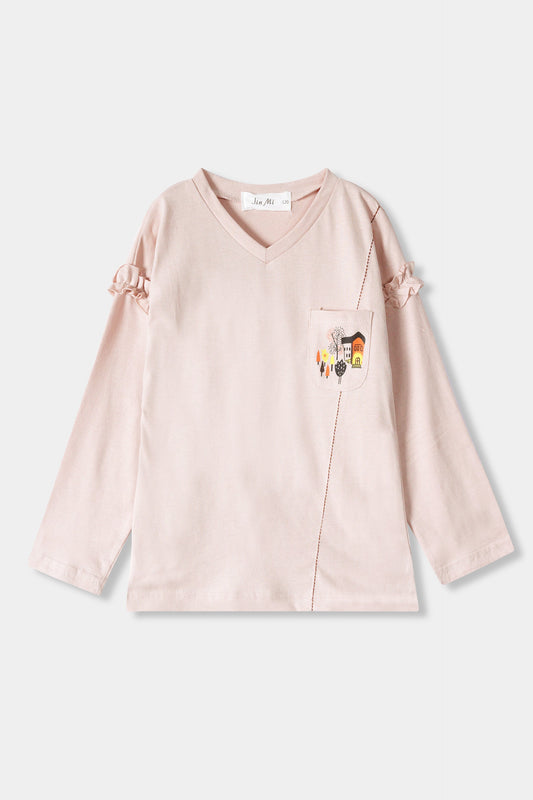 Girls Imported Soft Cotton Graphic Printed V Neck Long Sleeve T-Shirt