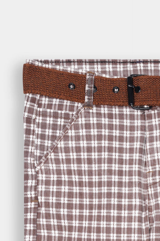 Boys Imported Brown Check Stretch Jeans With Belt