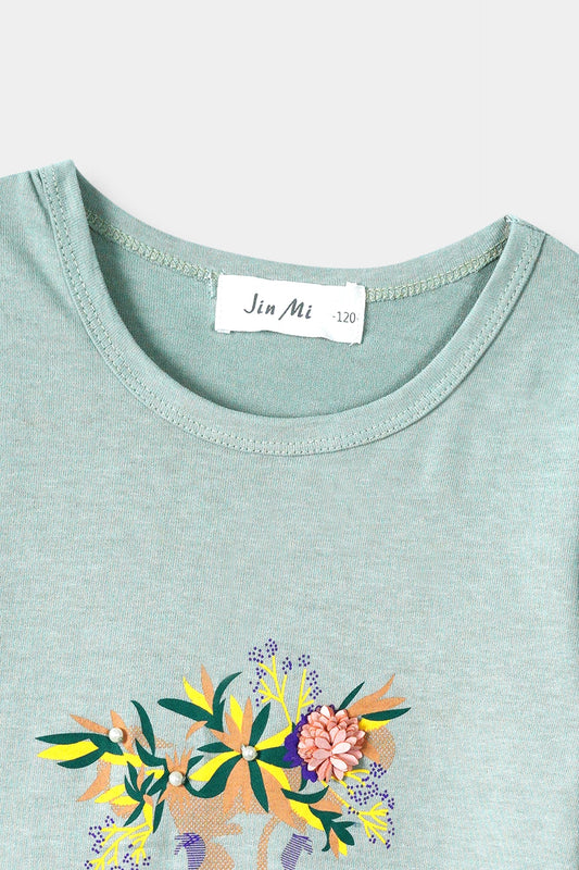 Girls Imported Soft Cotton Printed Long Sleeve T-Shirt With Frill Cuff