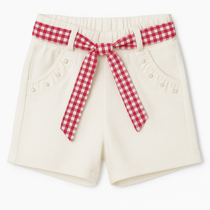 Red & White Checkered Top with Cream Shorts