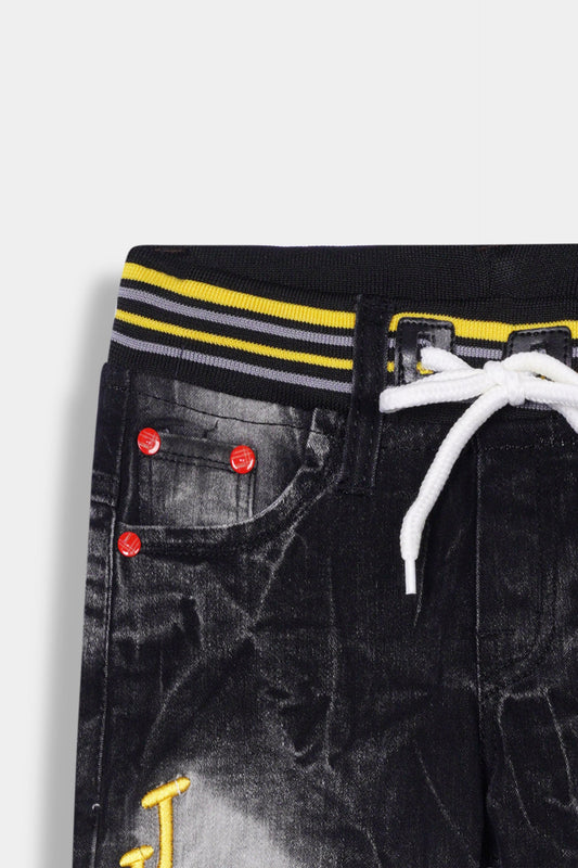 Boys Imported Adjustable Stretch Black Printed Jeans