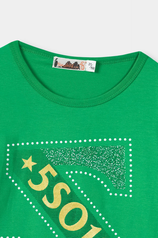 Boys Imported Graphic Print Green T-shirt with Long Sleeves and Crew Neck